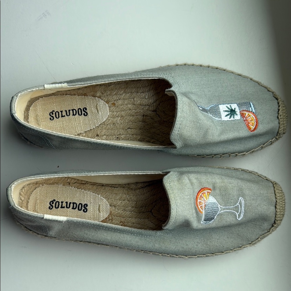 Soludos Gray Espadrilles with Embroidered Cocktail Design